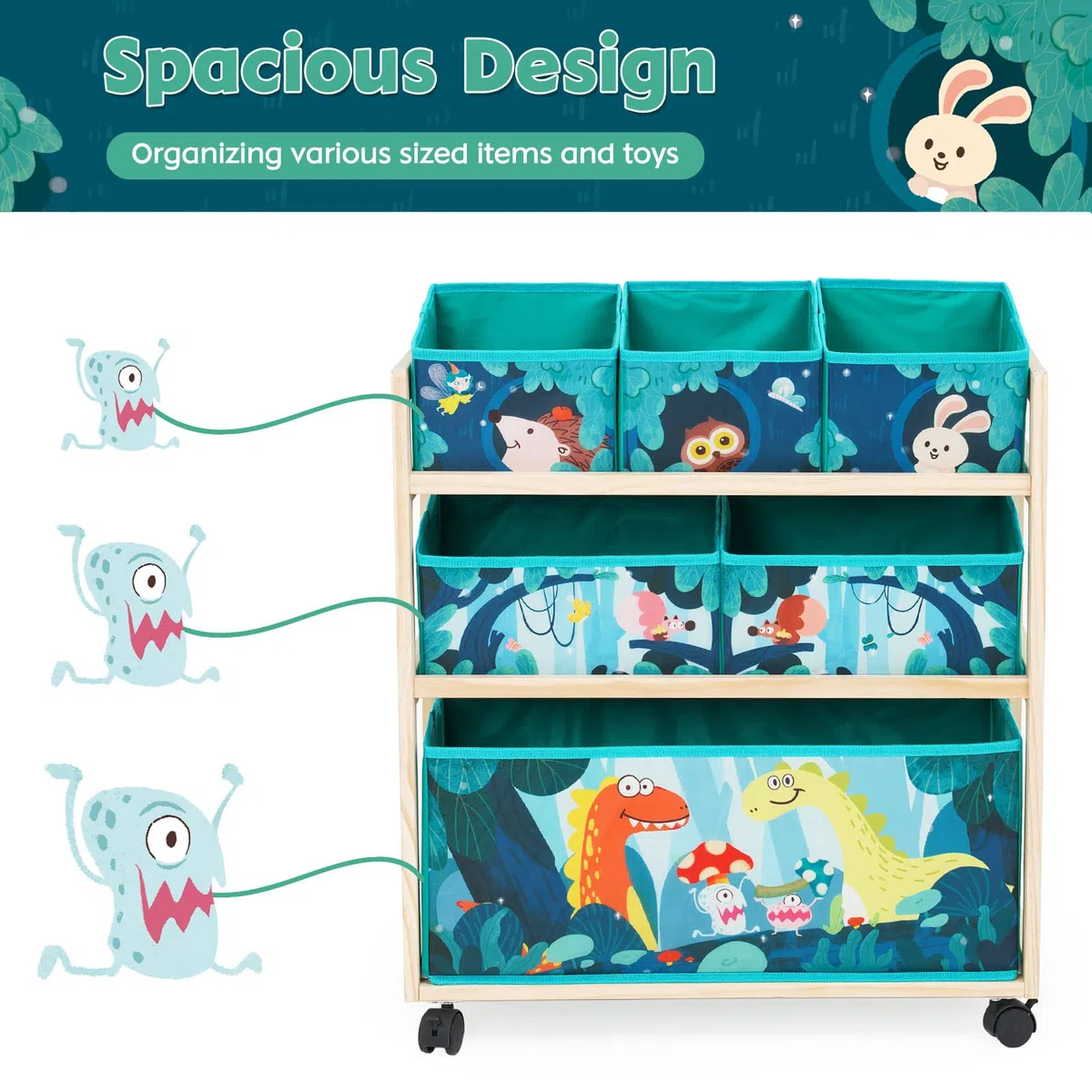 HOMCENT Organisateur de Jouets pour Enfants avec Roues et 6 bacs pour Ranger Les Jouets pour la Chambre des Enfants Chambre des garçons Filles, Vert 64x28x60 cm