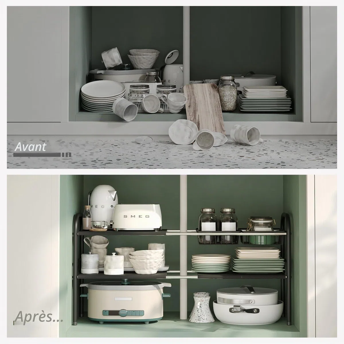 NETEL Organisateur de meuble d'évier, étagère de cuisine extensible avec 6 plaques mobiles et 2 paniers, largeur extensible (52,53-82 cm)