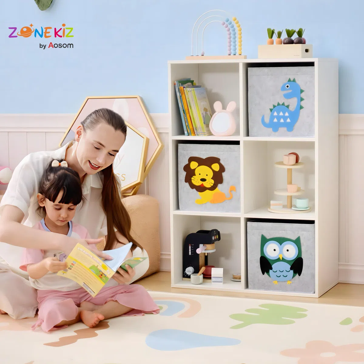 ZONEKIZ Meuble de Rangement pour Enfant, étagère pour Chambre d'enfants, bibliothèque, 6 Cases, 3 Cubes paniers en Tissu Motif Animaux pour Salle de Jeux, 62 x 30 x 91,5 cm, Blanc