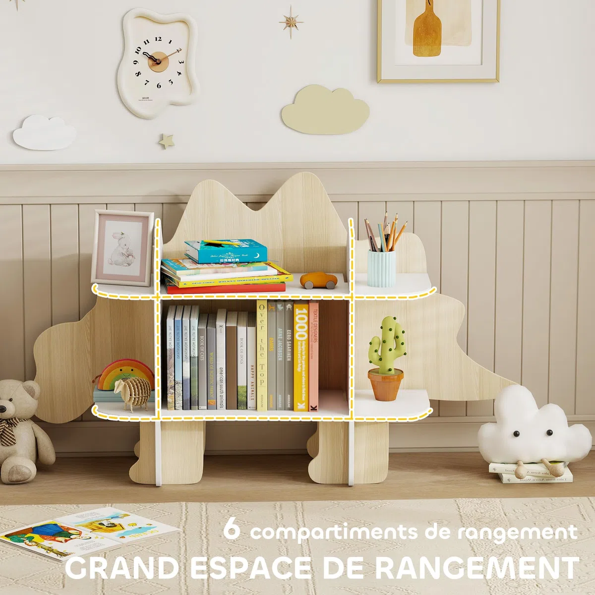 AIYAPLAY Bibliothèque Enfant Design Dinosaure, Meuble de Rangement pour Jouets et Livres, avec 6 Compartiments, 72,2 cm de Hauteur, pour Chambre ou Salle de Jeux, Bois Naturel