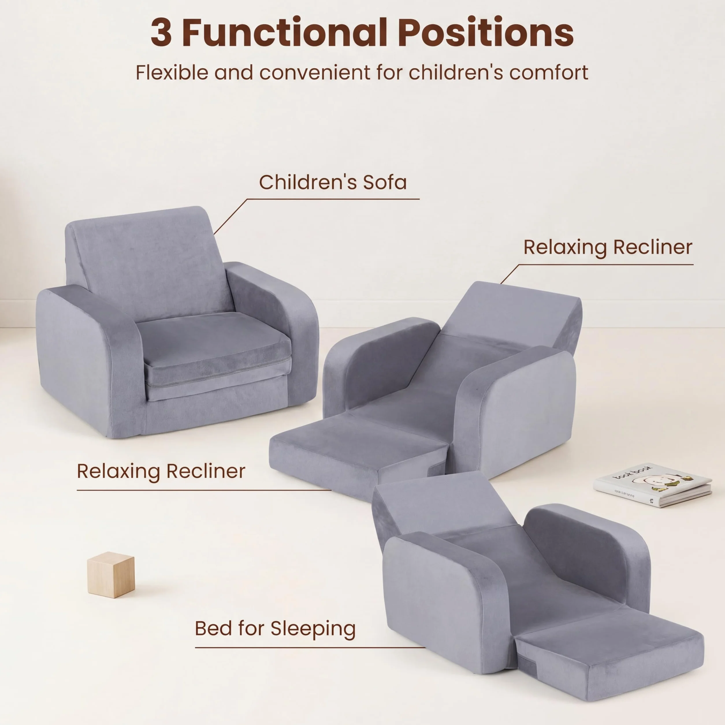 LIFEZEAL Canapé Enfant Depliant 3 en 1, Mini Canapé Enfant Pliable avec Housse Amovible en Velours Cristal, Canapé-lit en Mousse, Fauteuil Bebe pour Chambre et Salle de Jeux (Gris, Plié en 3)