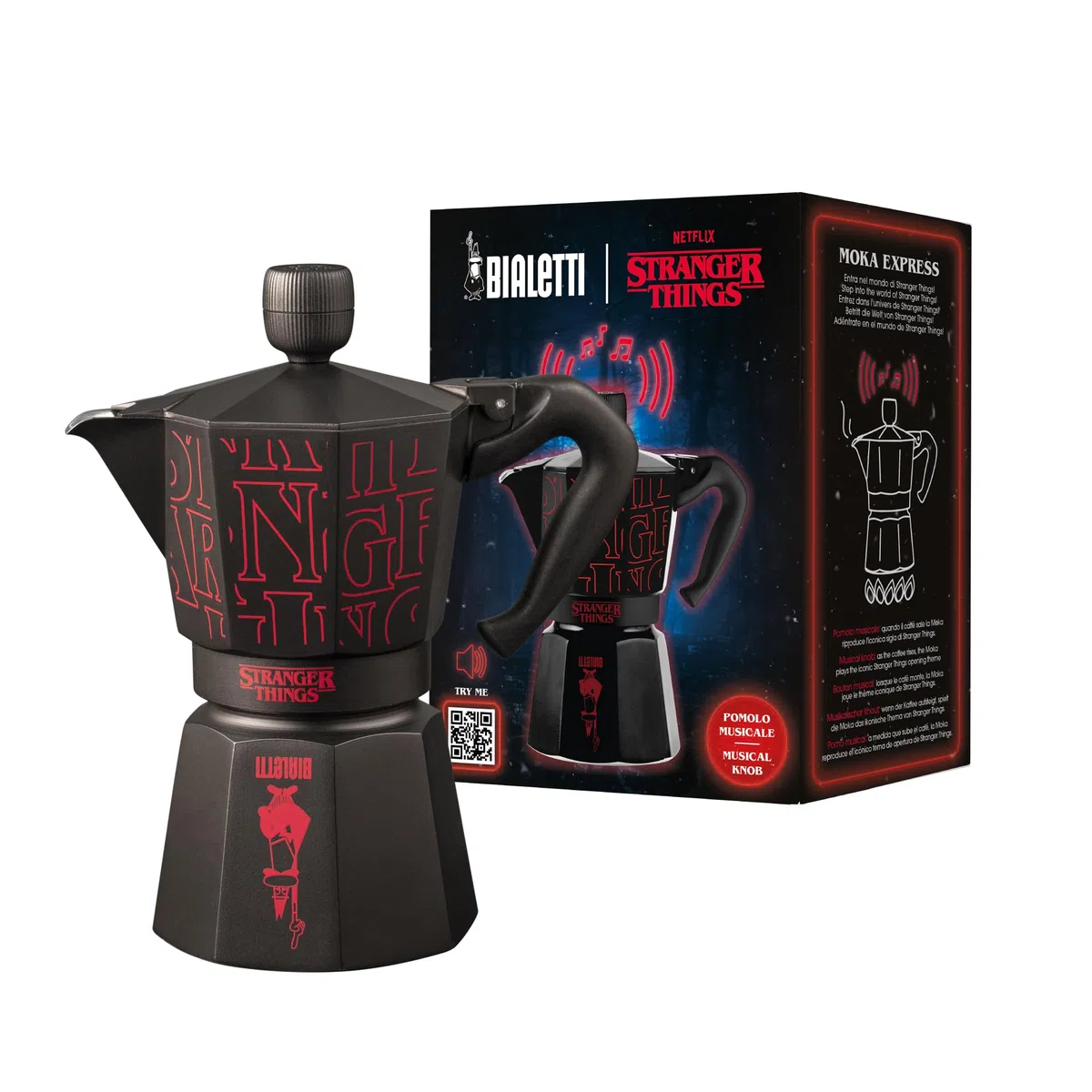Bialetti Moka Express Stranger Things – Cafetière italienne 6 tasses (270 ml), bouton musical avec recharge USB-C, non compatible induction, noir